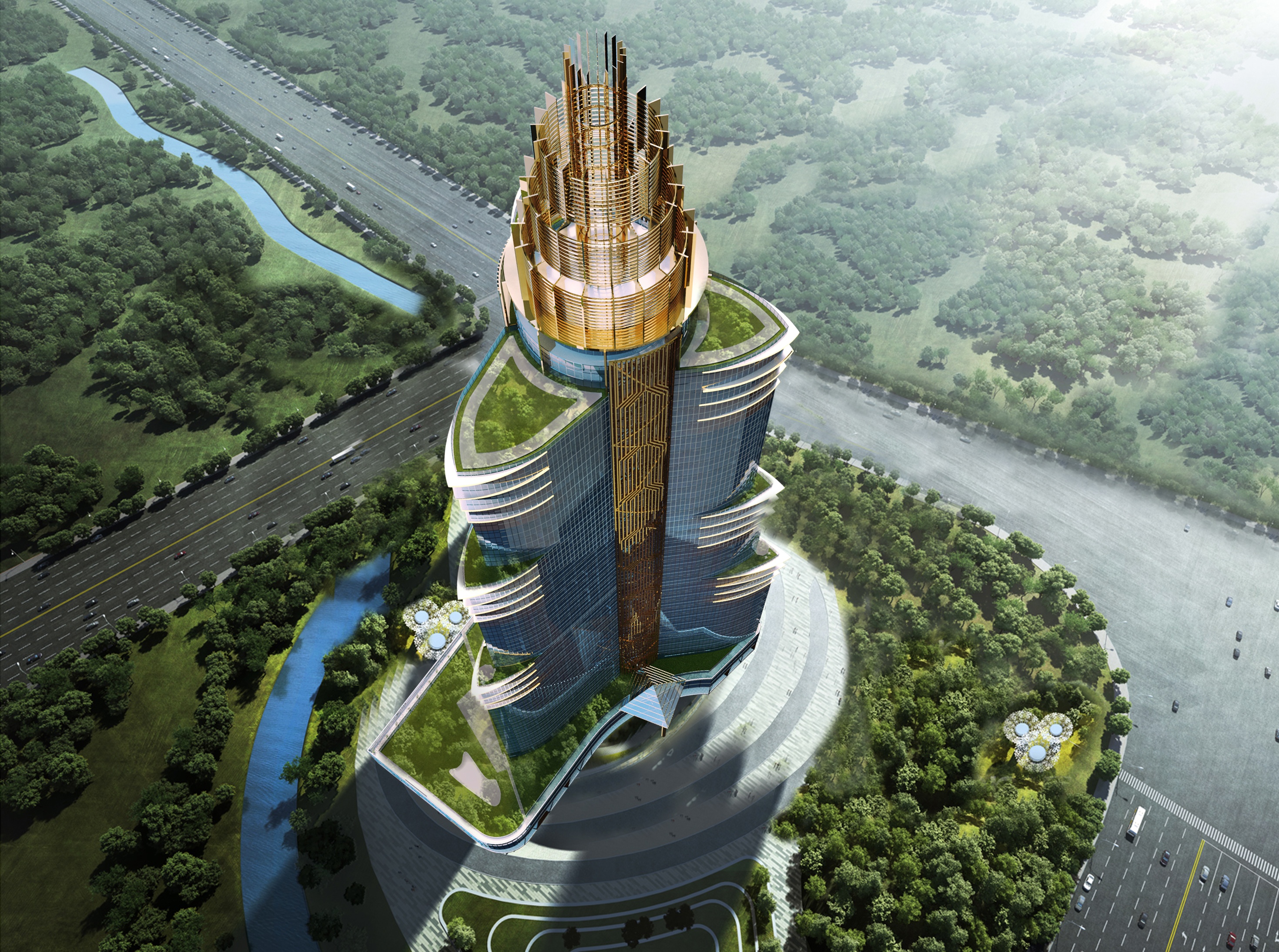 منظر جوي للبرج مع التصميم الذهبي المميز