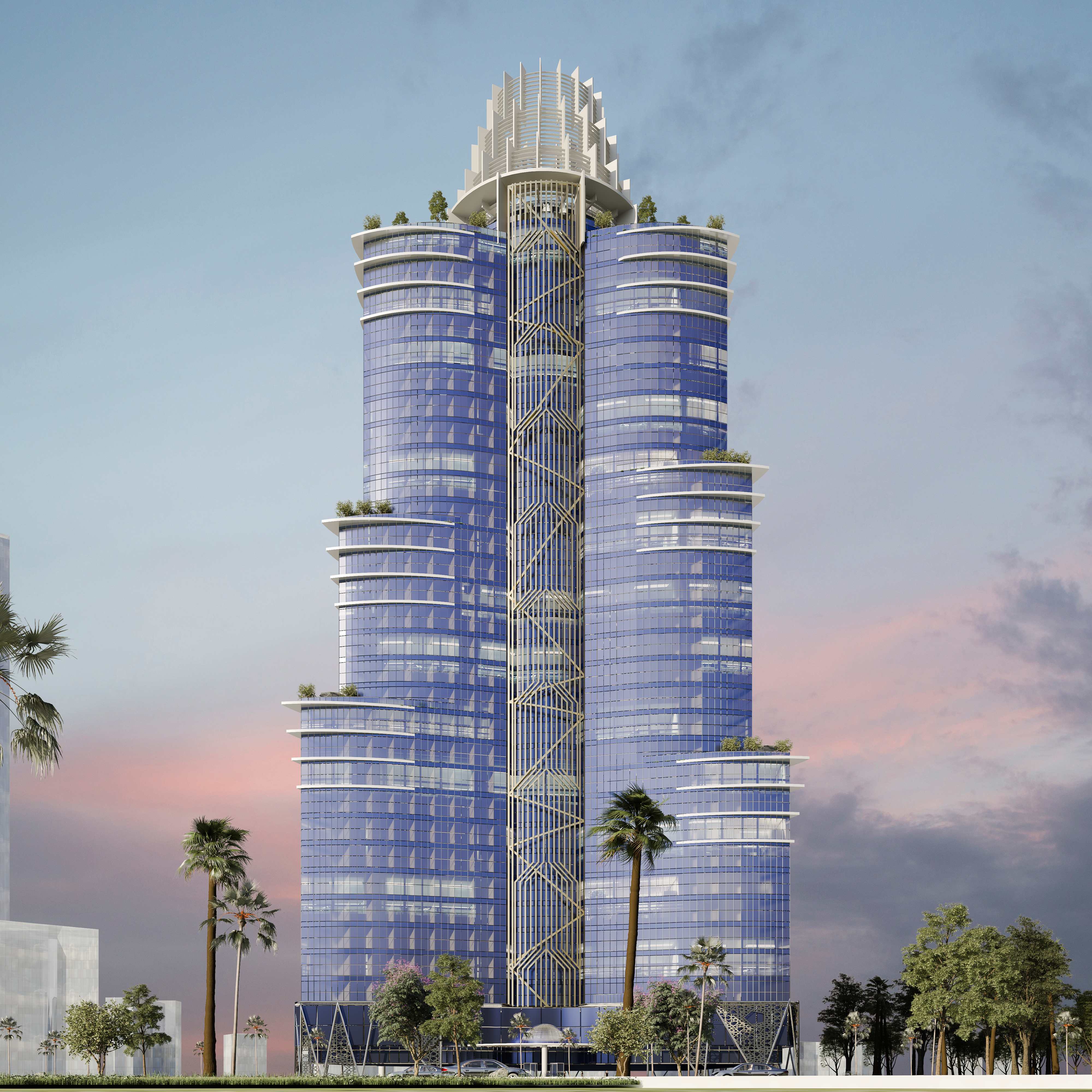 منظر مسائي مع النخيل والإضاءة الذهبية